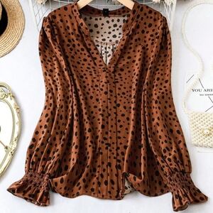 Shein Curve Long Sleeve Elastic Lantern Sleeve Leopard Print Brown Blouse 0XL